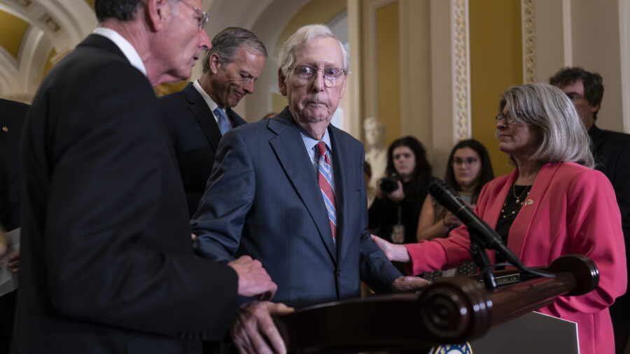 Senator+Mitch+McConnell+freezes+up+during+a+July+26th+2023+press+conference.+This+episode+raised+concern+over+McConnells+health+and+ability+to+work.