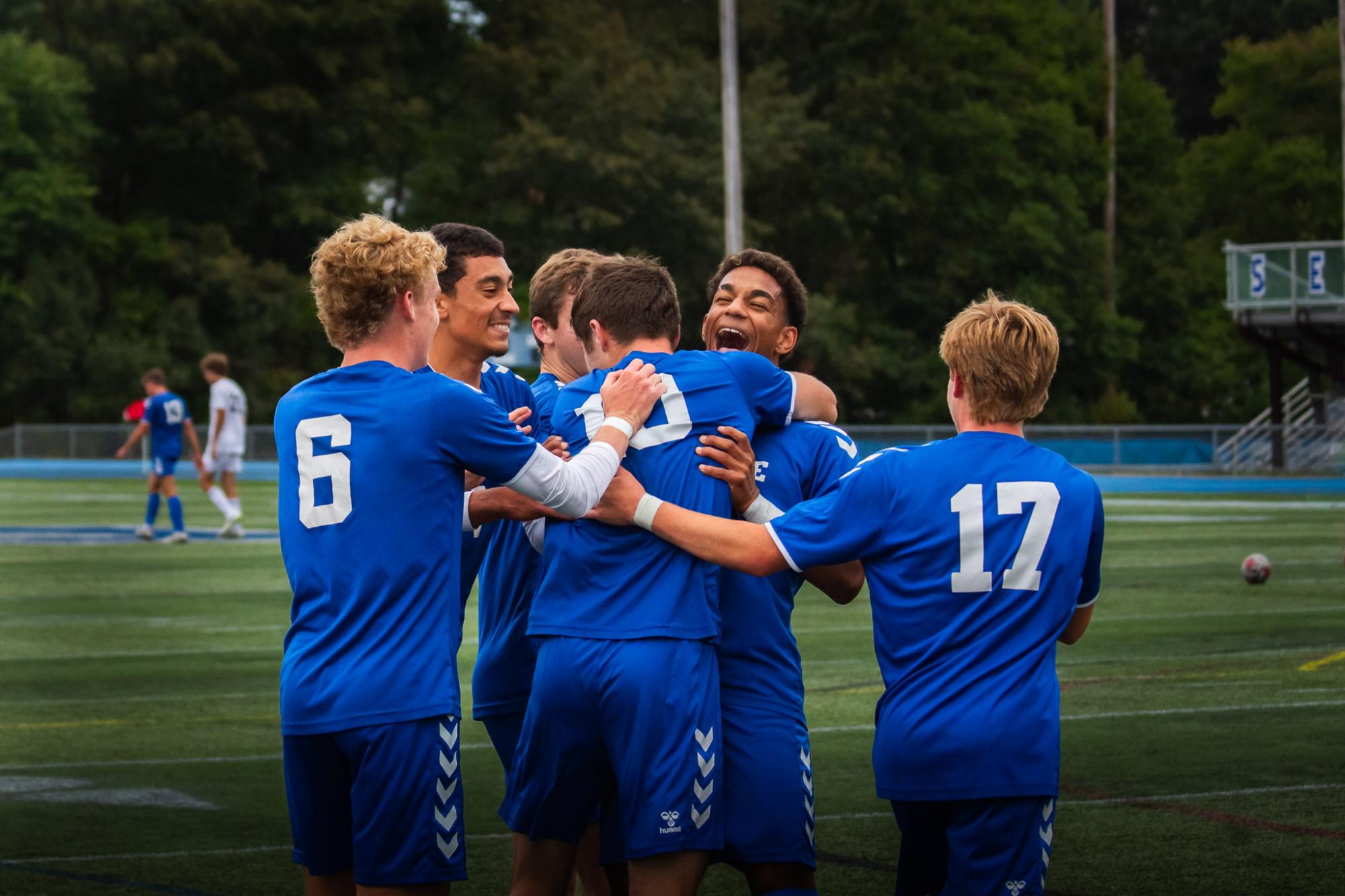 The Braintree Boys Varsity soccer team ecstatic after McClorey's goal at Alumni Stadium, on September 24, 2024.