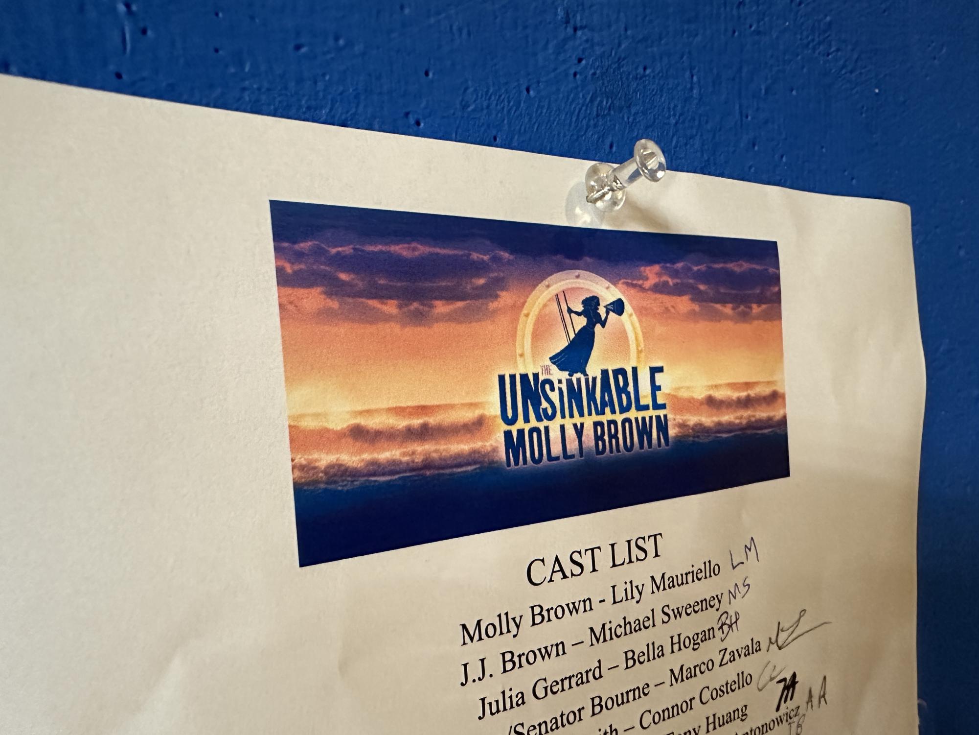 Photo outside of the BHS auditorium with the casting list for the next play, "The Unsinkable Molly Brown".