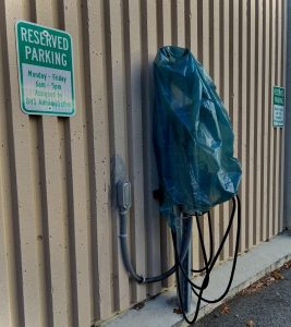 The EV Charger in the back parking lot of BHS, covered by a trash bag. November 12, 2024