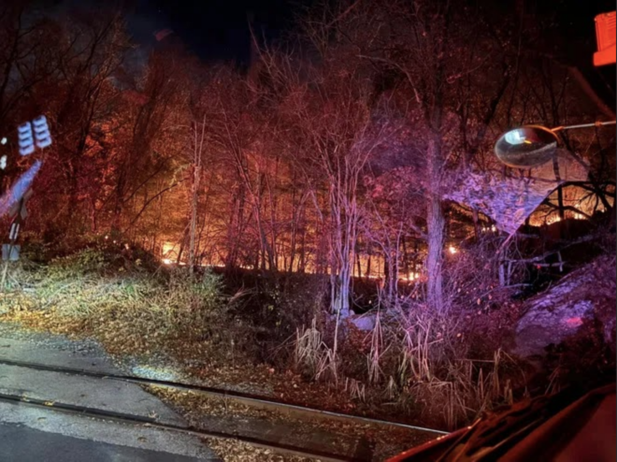 Braintree Fire Department battles the brushfires in the woods behind Ross Elementary. (Patriot Ledger)

