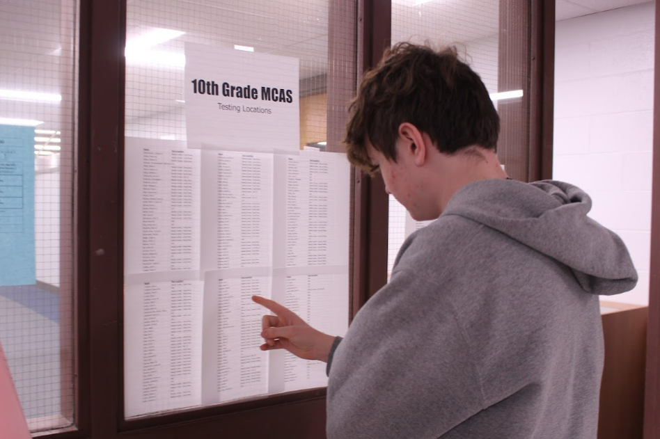 Sophomore examines MCAS testing locations outside of the media center.