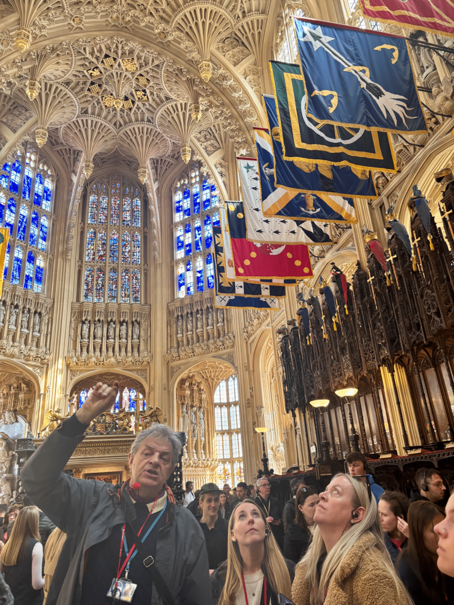 Braintree High teachers, Ms. M and Ms. Ranieri, getting a tour of the Westminster Abbey. 