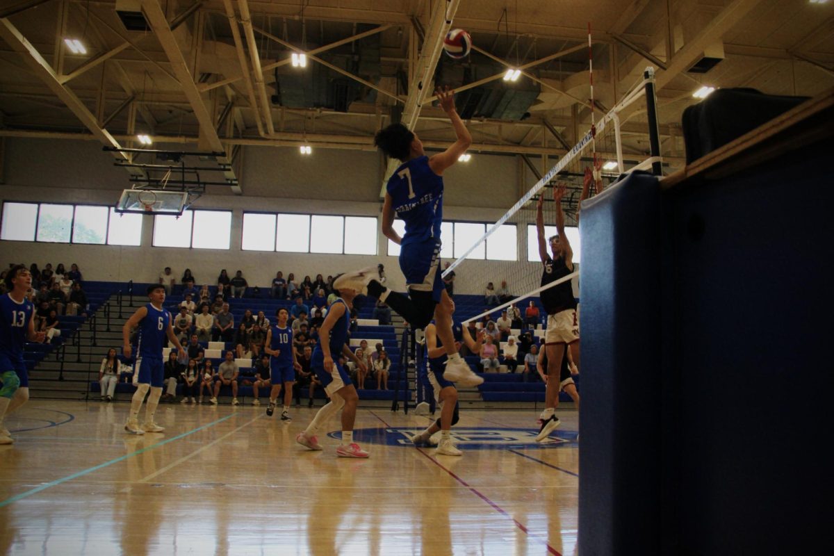 Senior Captain Aiden Lau, #7, gets up high for a hit on the right side. 
