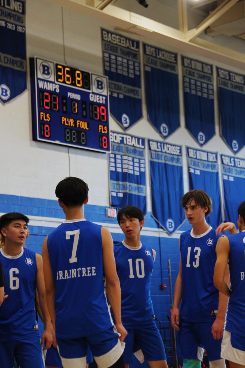 Seniors Lawrence Lam, #6, Aiden Lau #7, Justin Liu #10, and Junior Jack Godderis #13, discusses their gameplan during a timeout. 