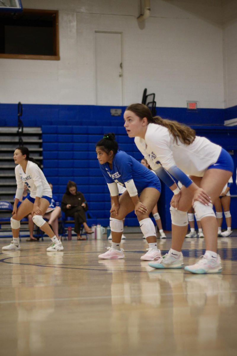 Backcourt of seniors Jenna Luisi, #13, Bella Tran, #2, and Libero Lauren Caranog, #6, ready to receive a Natick serve. 