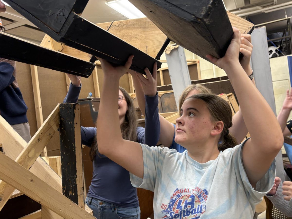Freshman Kelsey Bryan works with her Theater Guild crew members to move set pieces after school. The set for the Fall production of "Urinetown" is currently underway.