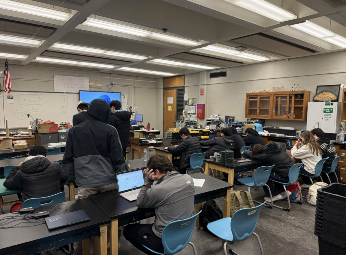 An image of Mr. Dembrow’s engineering class, where there is only one female student.