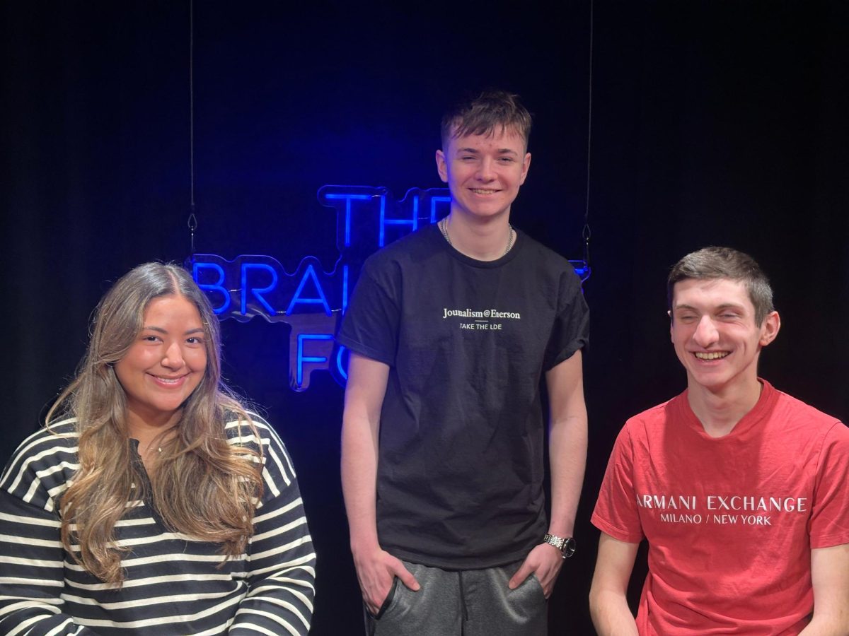 Braintree 4 anchors Mia Fernandez, Liam Fuller, and Angelo Thoyas pose for a photo. 