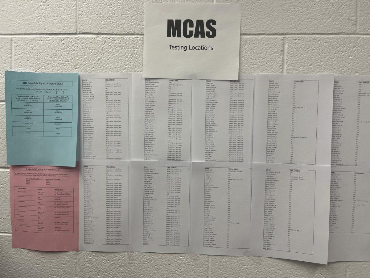 MCAS testing location sheet outside the cafeteria shows the test rooms and times for students.